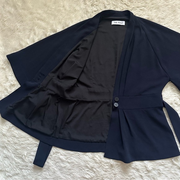 The Fold London Clever Crepe Kimono Jacket Short Sleeve Tie Waist Navy Sz 8 - Picture 4 of 12